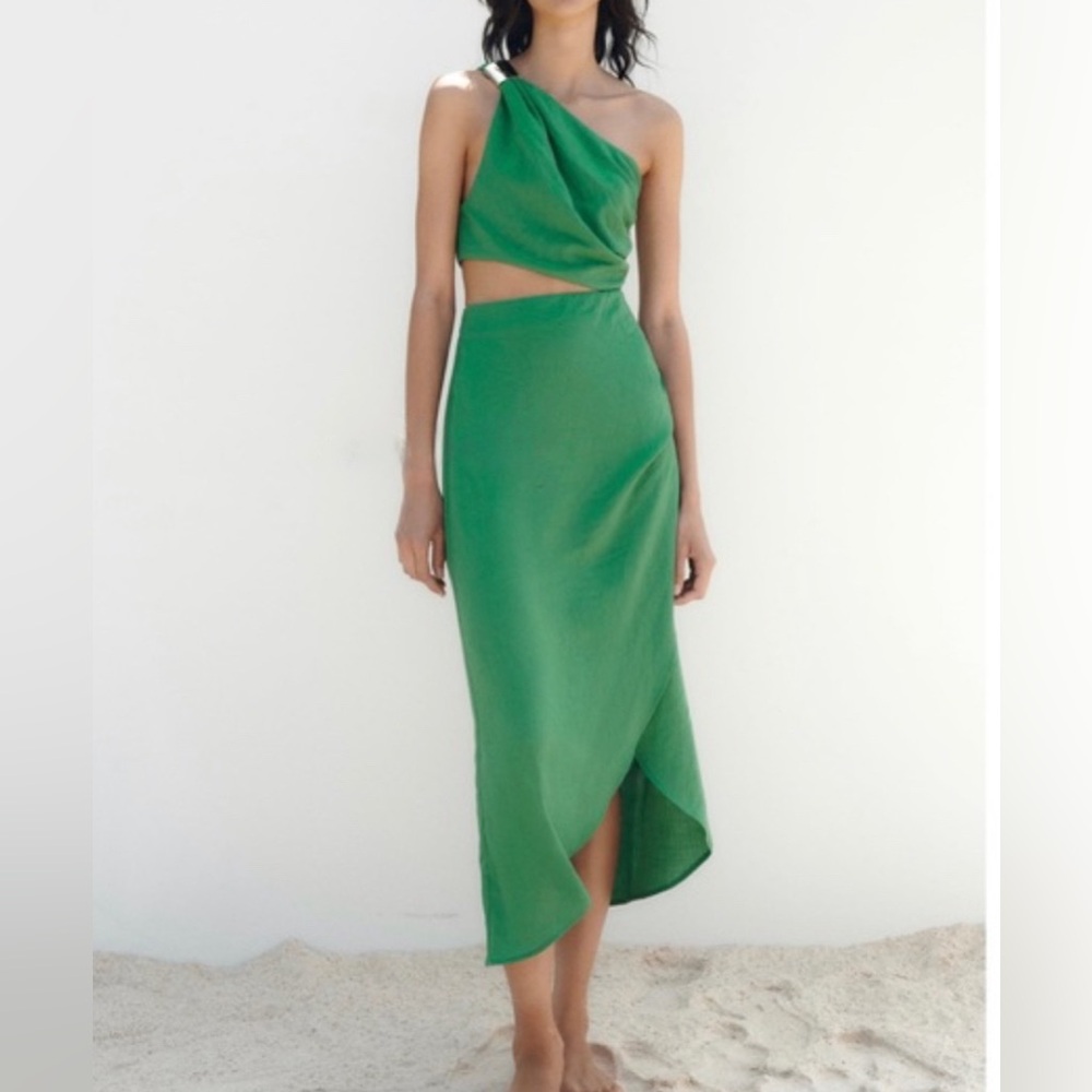 Zara Emerald Green One-Shoulder Cutout Midi Dress